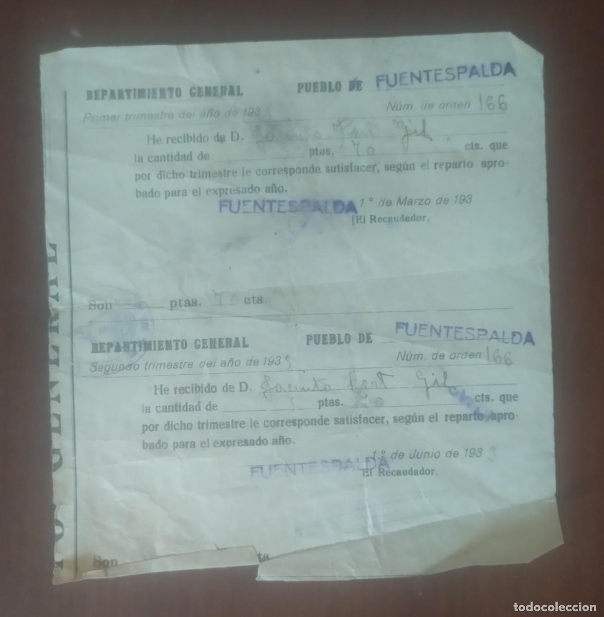 Documents Anciens: Recibo, Fuentespalda, a&ntilde;o 1930 aprox