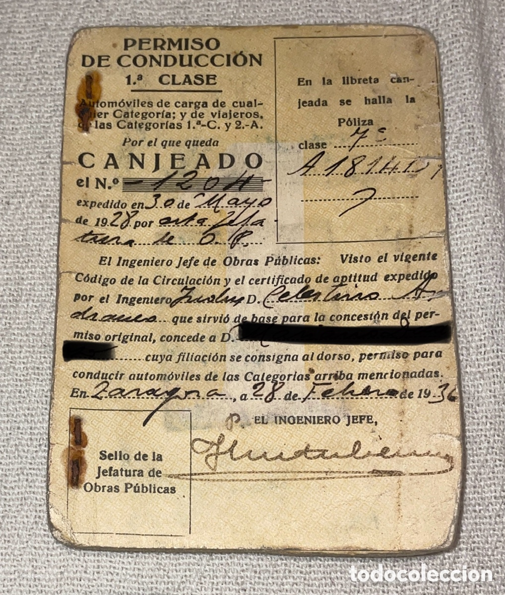 Documentos antiguos: Permiso de conducci&oacute;n / 1&ordf; clase / 1936 - Foto 1