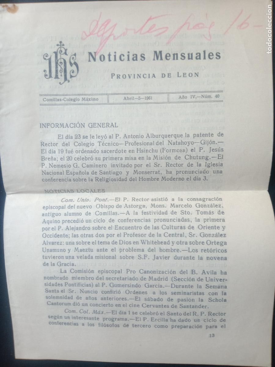 Documents Anciens: Noticias mensuales. Comillas, colegio m&aacute;ximo. Provincia de Le&oacute;n 1961