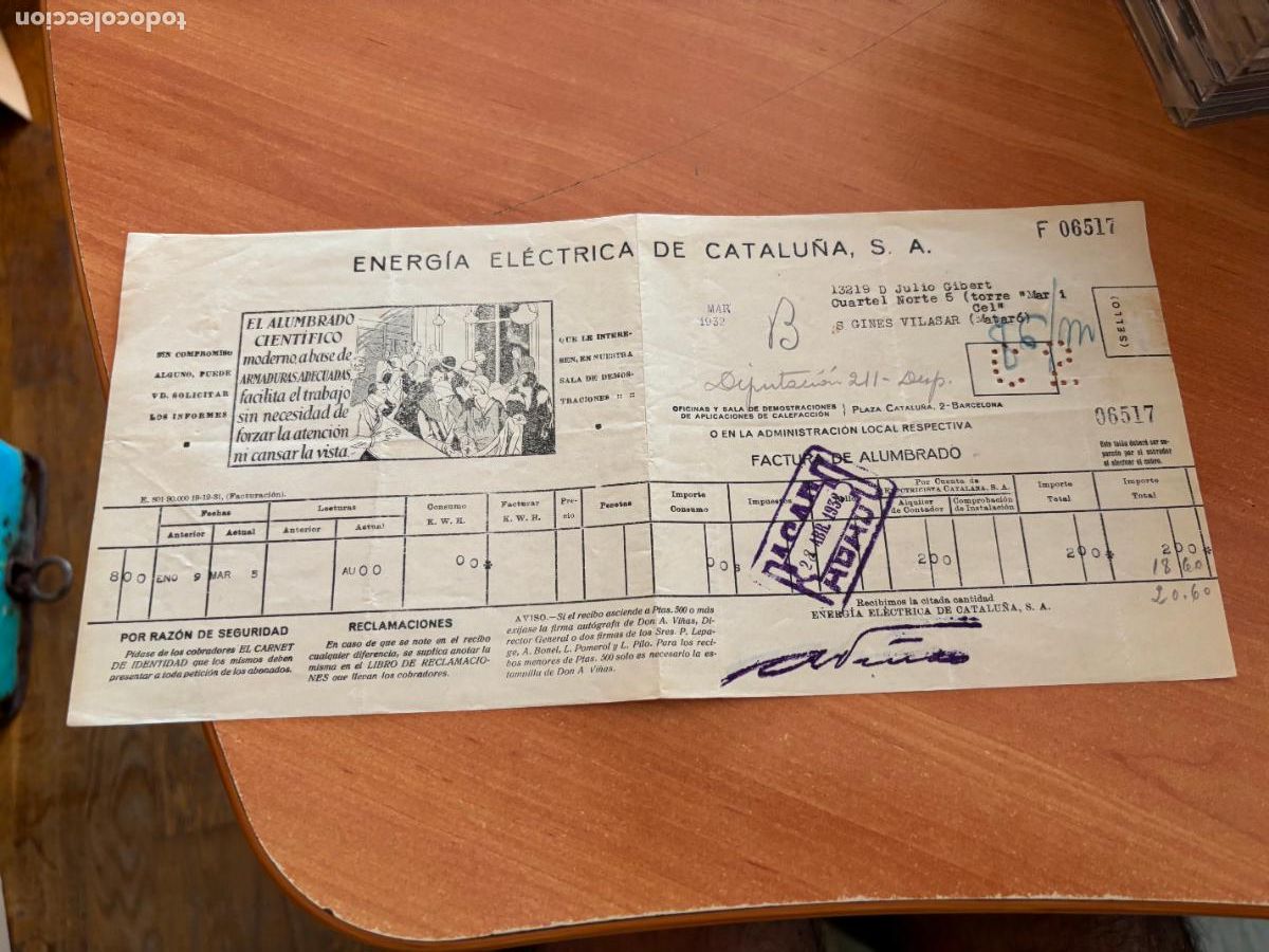 Documents Anciens: FACTURA ALUMBRADO ENERGIA ELECTRICA DE CATALUNA 1932 (COIB54)