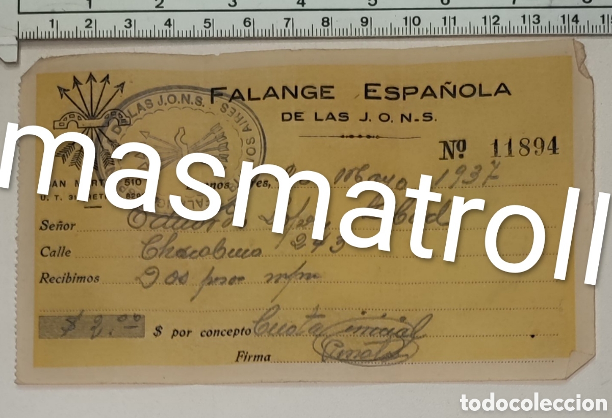 Documents Anciens: Falange espa&ntilde;ola de las JONS, Argentina, resguardo cuota, 20 marzo 1937