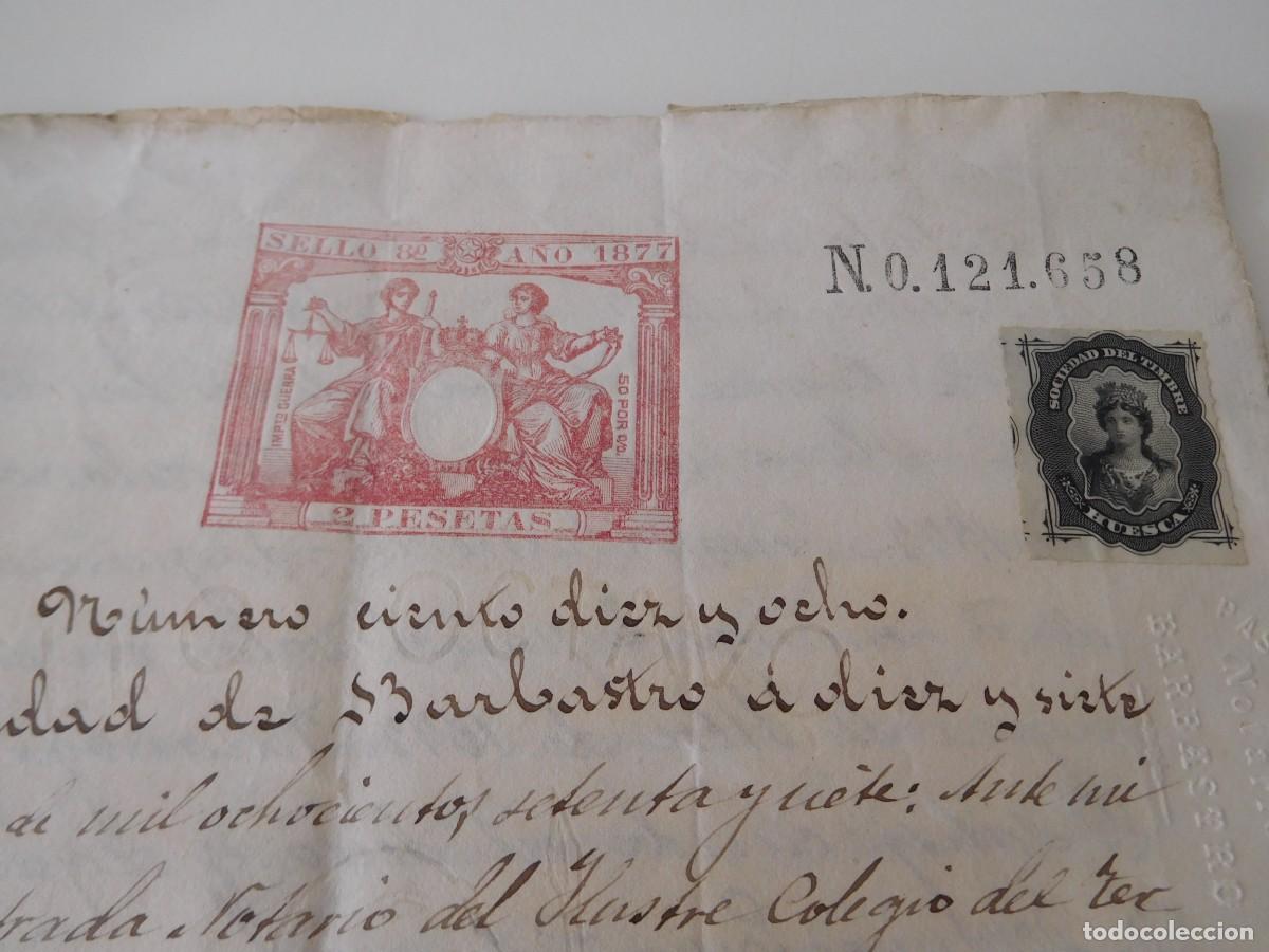 Documentos antiguos: Documento notarial Barbastro a&ntilde;o 1877 - Foto 1