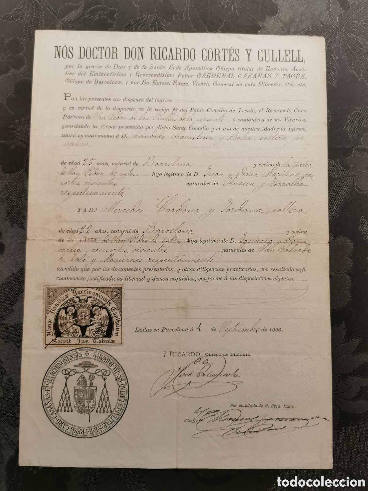 Alte Dokumente: Autorizaci&oacute;n matrimonio y confirmaci&oacute;n del mismo por el obispo de Eudoxia en Barcelona 1906