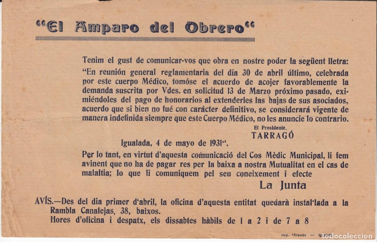 Documentos antiguos: 1931 - IGUALADA COMUNICADO DE EL AMPARO DEL OBRERO - Foto 1