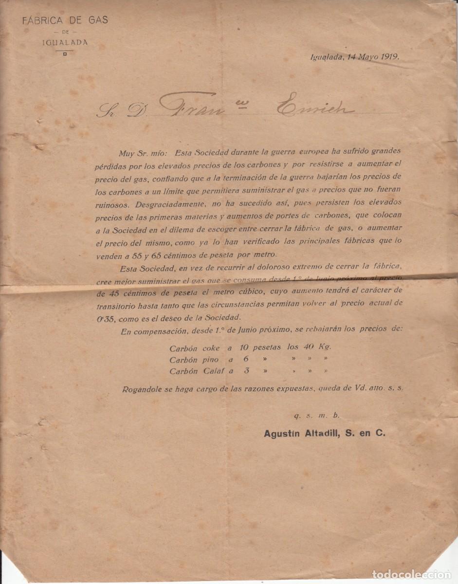 Documentos antigos: 1919 - F&Aacute;BRICA DE GAS DE IGUALADA - CAMBIO DE PRECIOS CON MOTIVO DE LA GUERRA EUROPEA