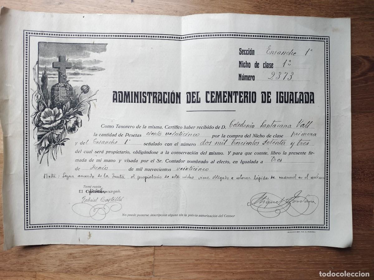 Documentos antiguos: TITULO CEMENTERIO DE IGUALADA - 1925 - Foto 1