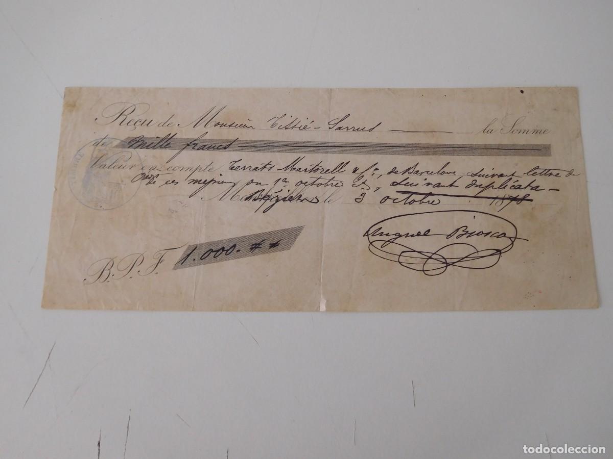 Documentos antiguos: Recibo de 1000 Francos Beziers 1878 - Foto 2