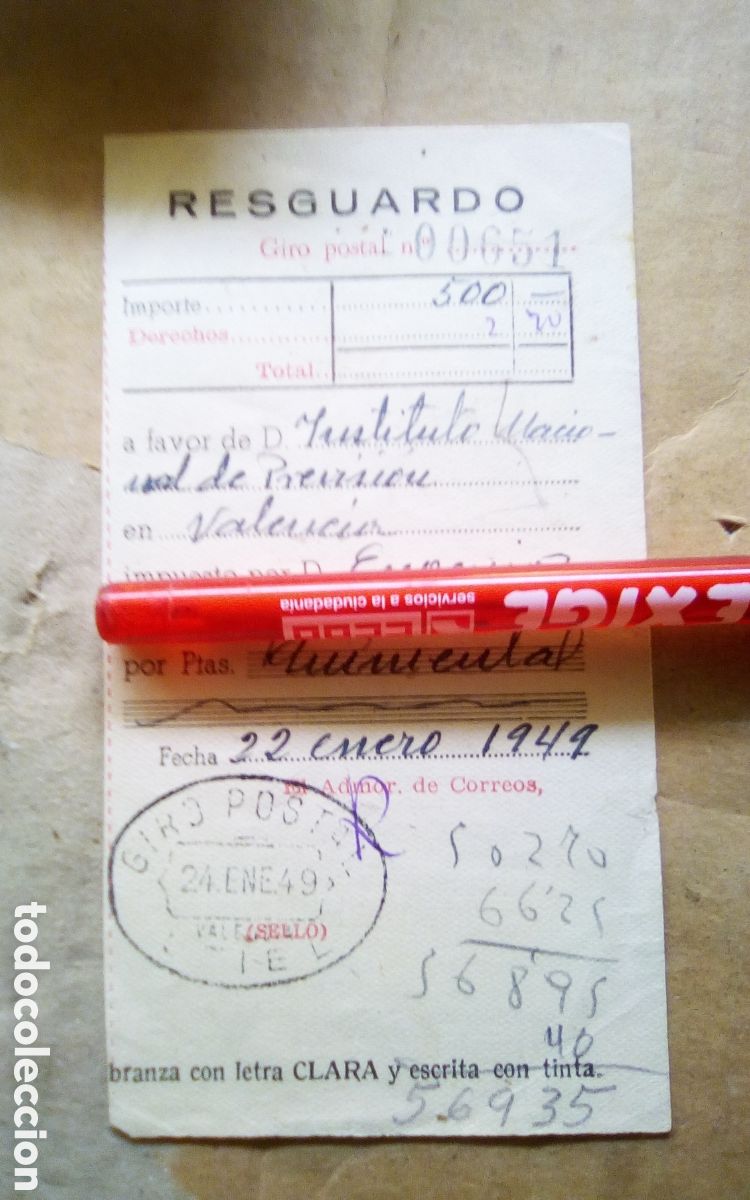 Documentos antigos: Resguardo de giro postal de 500 pesetas a favor del Instituto Nacional de Previsi&oacute;n, Valencia 1949.
