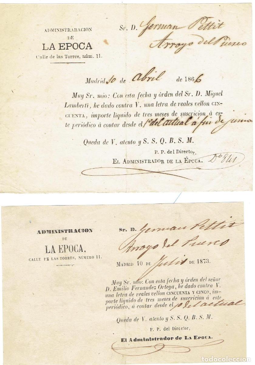 Documentos antiguos: FA7851. DOCUMENTOS. Conjunto de 2 avisos informativos de la publicaci&oacute;n LA EPOCA - Foto 1