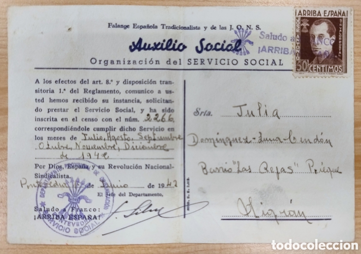 Documentos antiguos: TARJETA AUXILIO SOCIAL. 1942 - Foto 1