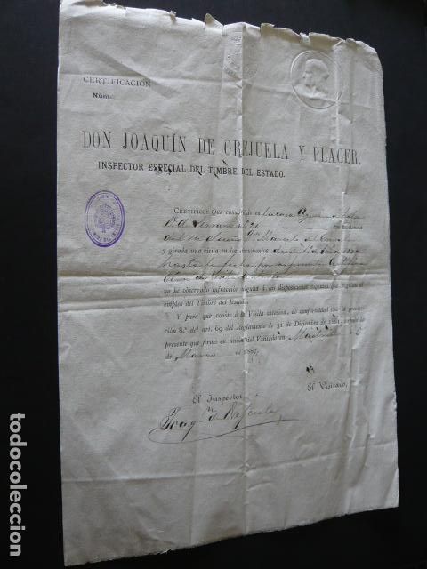 Documentos antiguos: CERTIFICADO INSPECCION DE TIMBRE DEL ESTADO 1887 MADRID - Foto 1