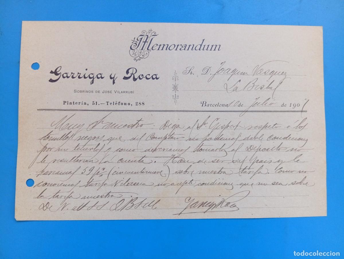 Documentos antiguos: MEMORANDUM. GARRIGA Y ROCA. BARCELONA, 1907. - Foto 1
