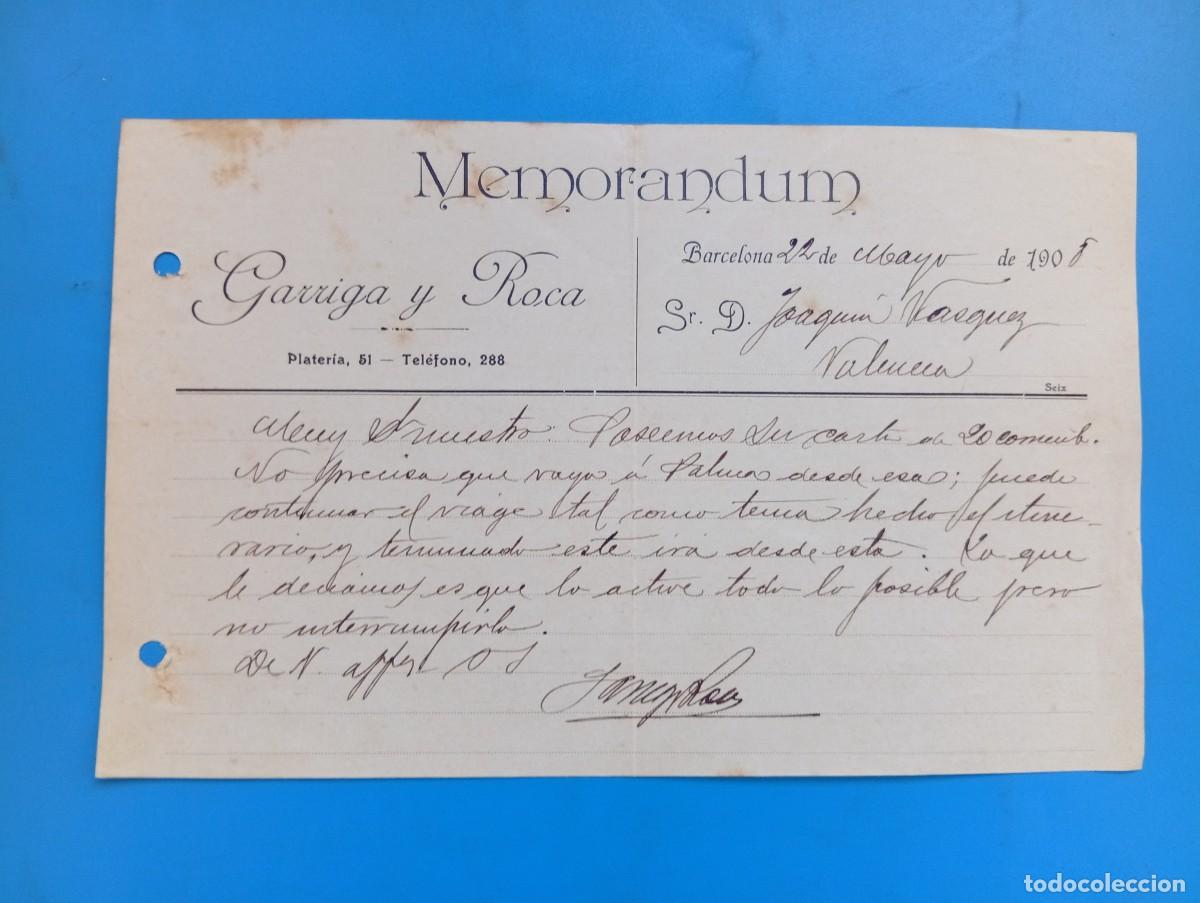 Documentos antiguos: MEMORANDUM. GARRIGA Y ROCA. BARCELONA, 1908. - Foto 1
