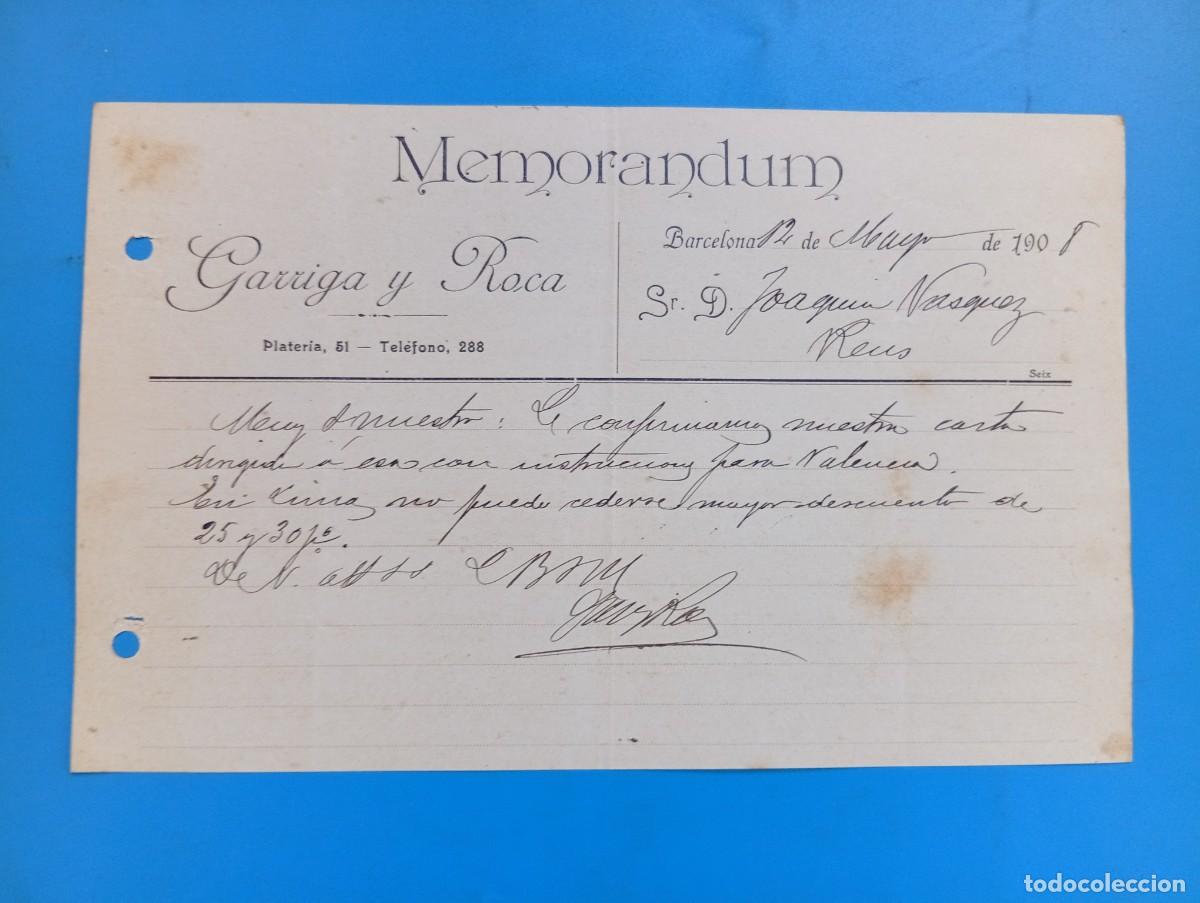 Documentos antiguos: MEMORANDUM. GARRIGA Y ROCA. BARCELONA, 1908. - Foto 1