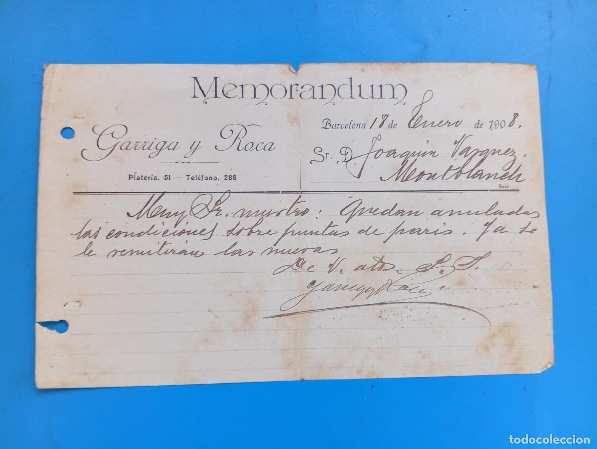 Documentos antiguos: MEMORANDUM. GARRIGA Y ROCA. BARCELONA, 1908. - Foto 1