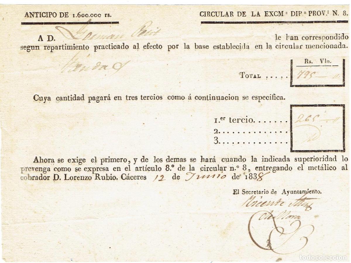Documentos antiguos: FA8031. DOCUMENTOS. 1838, Circular de la Excelentisima Diputacion Provincial de Caceres - Foto 1