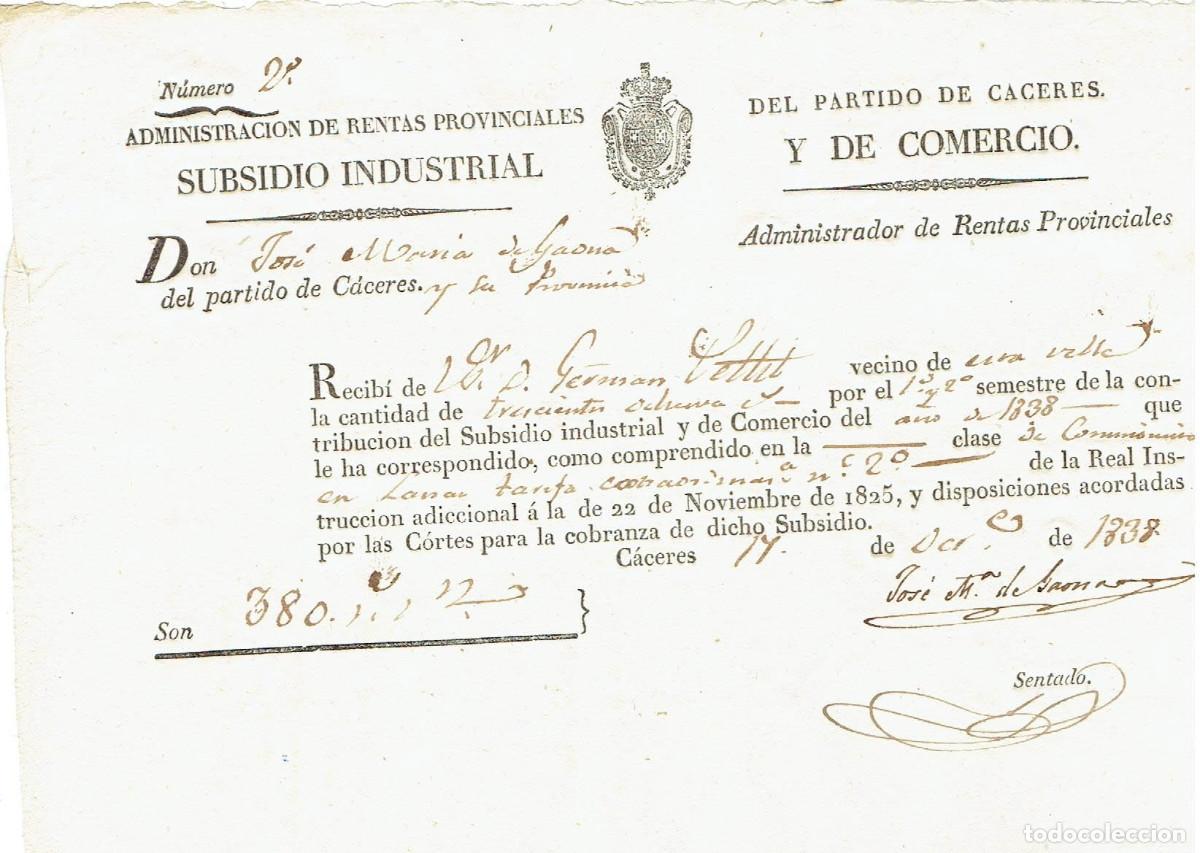 Documentos antiguos: FA8037. DOCUMENTOS. 1838, Recibo de Rentas Provinciales, Subsidio Industrial y de Comercio - Foto 1