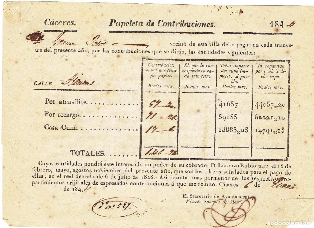 Documentos antiguos: FA8058. DOCUMENTOS. 1844, Dos Papeletas de Contribuciones de Caceres - Foto 1
