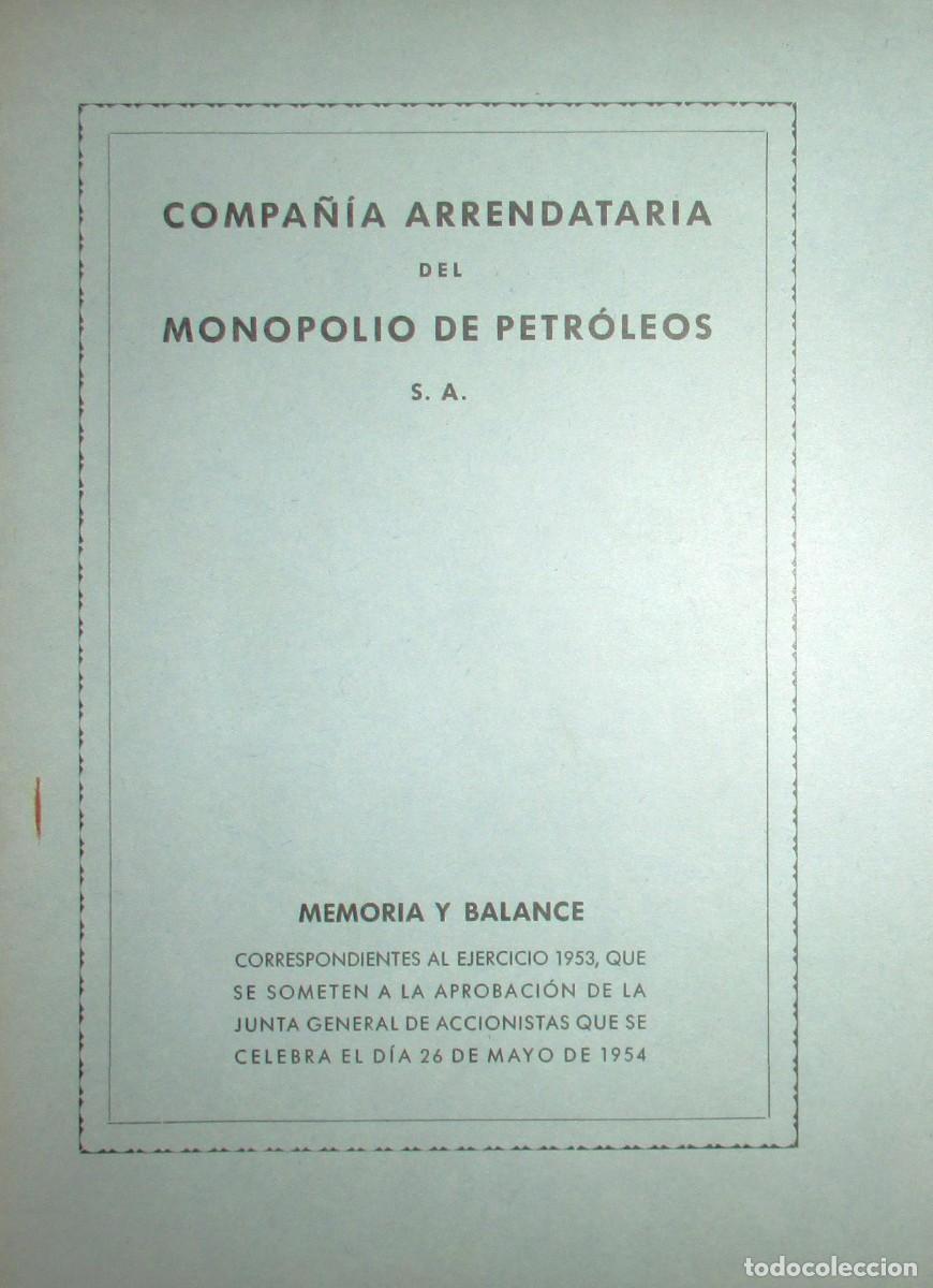 Documentos antiguos: MEMORIA Y BALANCE DE CAMPSA DEL EJERCICIO DE 1953. - Foto 1