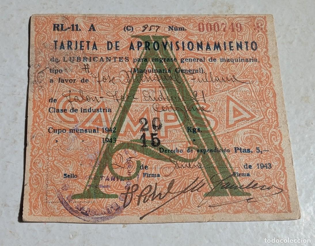 Documentos antiguos: TARJETA DE APROVISIONAMIENTO DE LUBRICANTE 1943 - CON SELLO