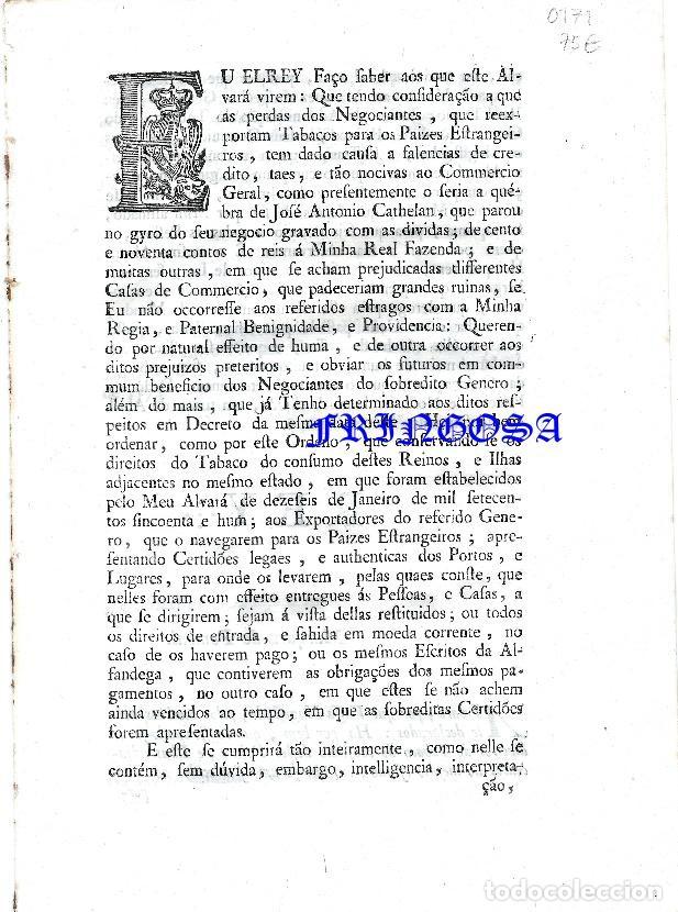 Documentos antiguos: Alvar&aacute;: Ha por bem, que conservando-se os direitos do Tabaco do consumo destes Reinos, e Ilhas (1774