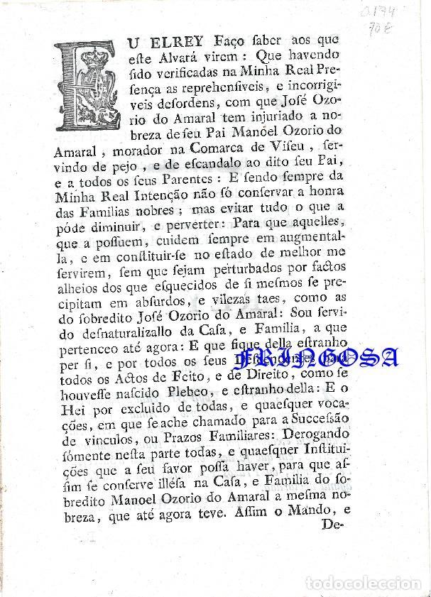 Documentos antiguos: Alvar&aacute;: que Jos&eacute; Ozorio do Amaral fique desnaturalizado da Familia, a que at&eacute; agora pertencia (1774)