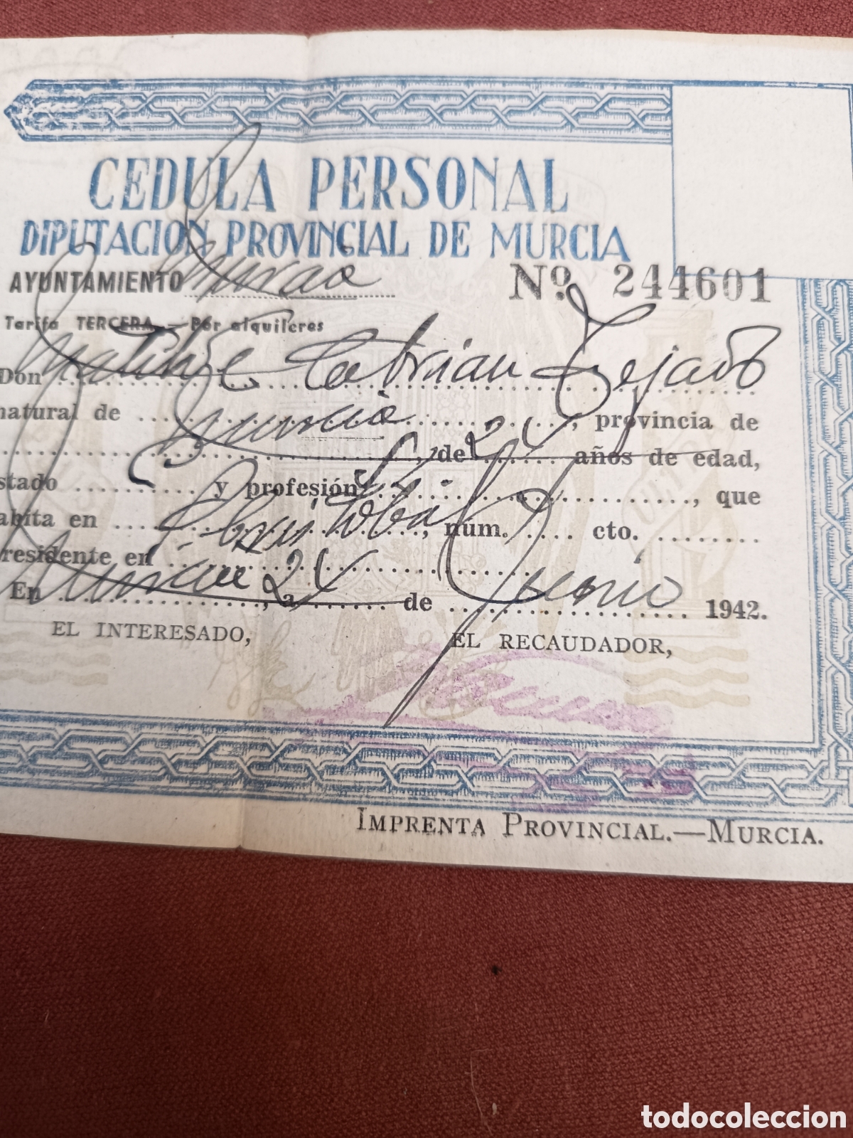 Documentos antiguos: C&eacute;dula personal Murcia 1942 - Foto 2