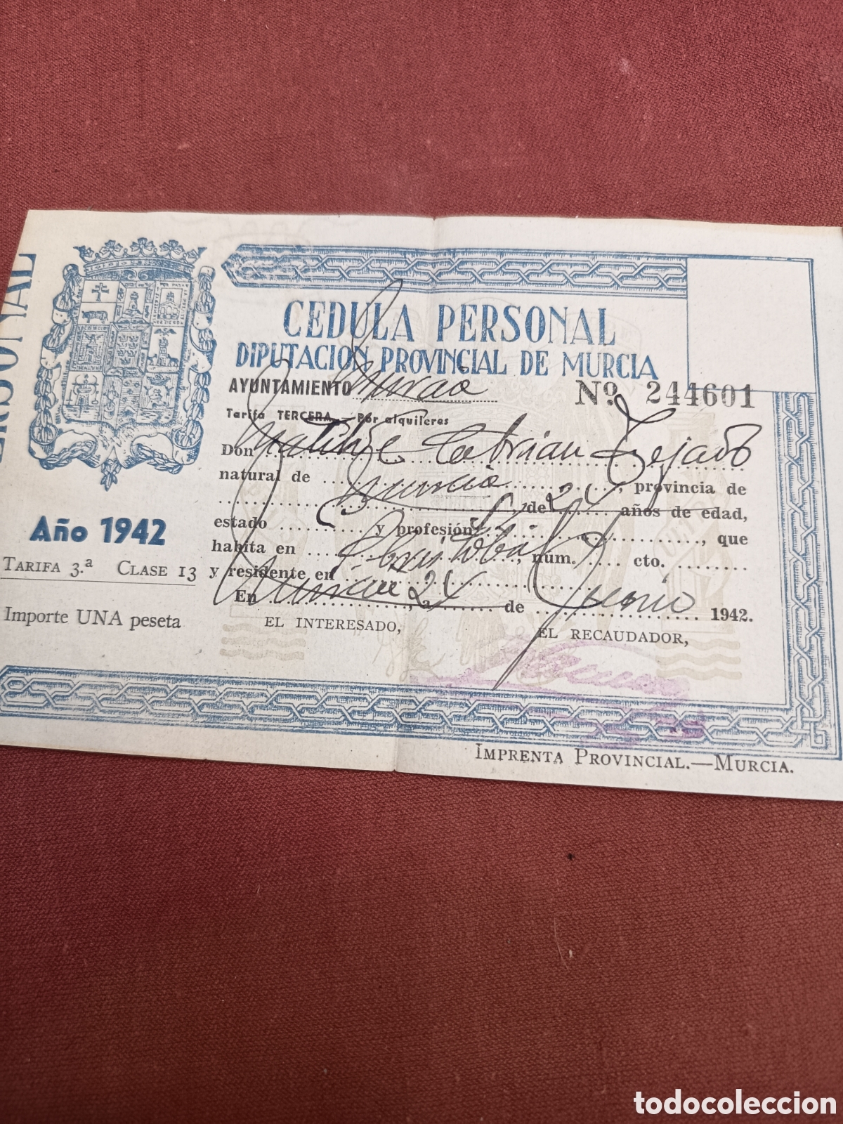 Documentos antiguos: C&eacute;dula personal Murcia 1942 - Foto 1