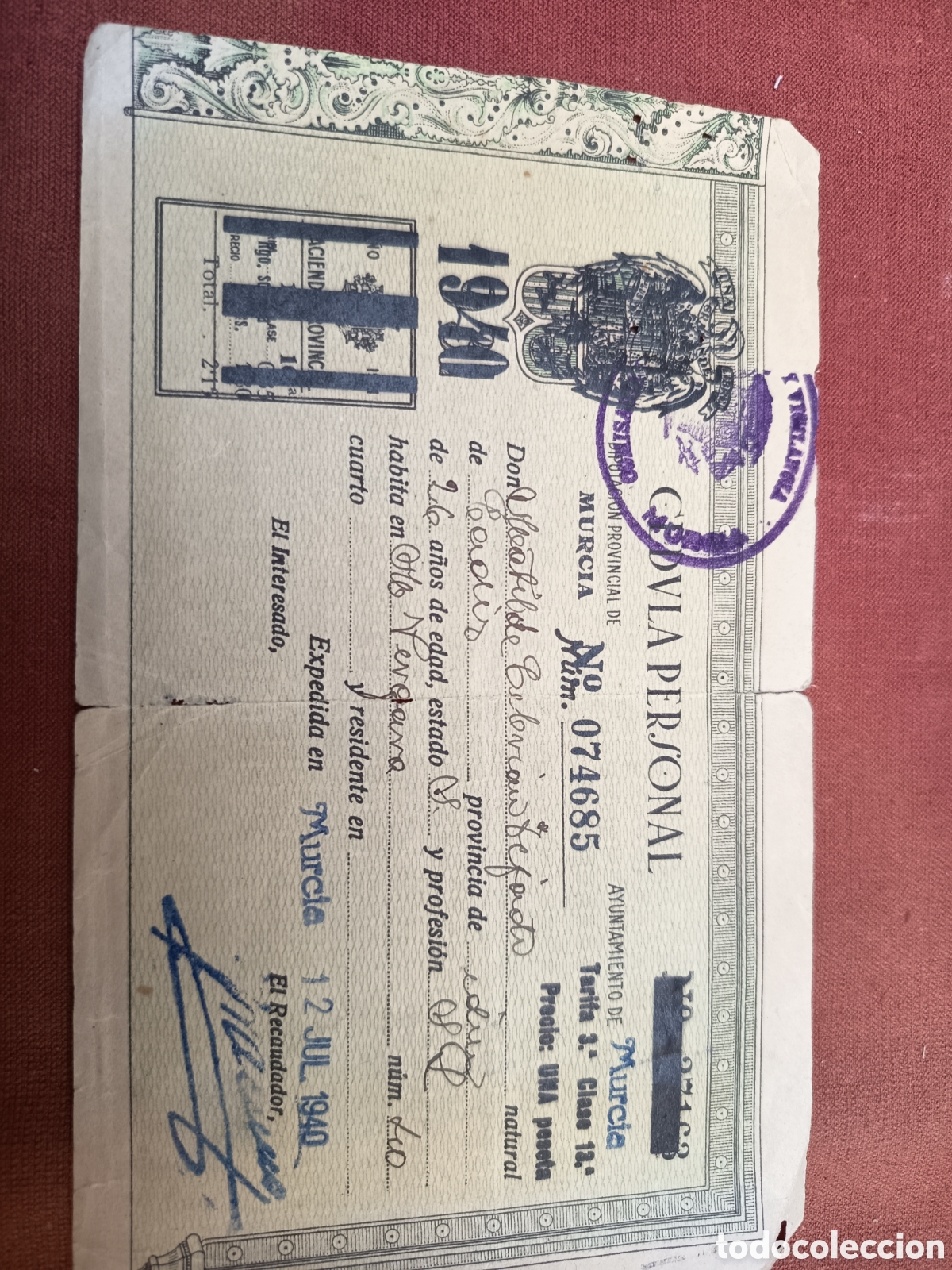 Documentos antiguos: C&eacute;dula personal Ayuntamiento Murcia 1940 - Foto 2