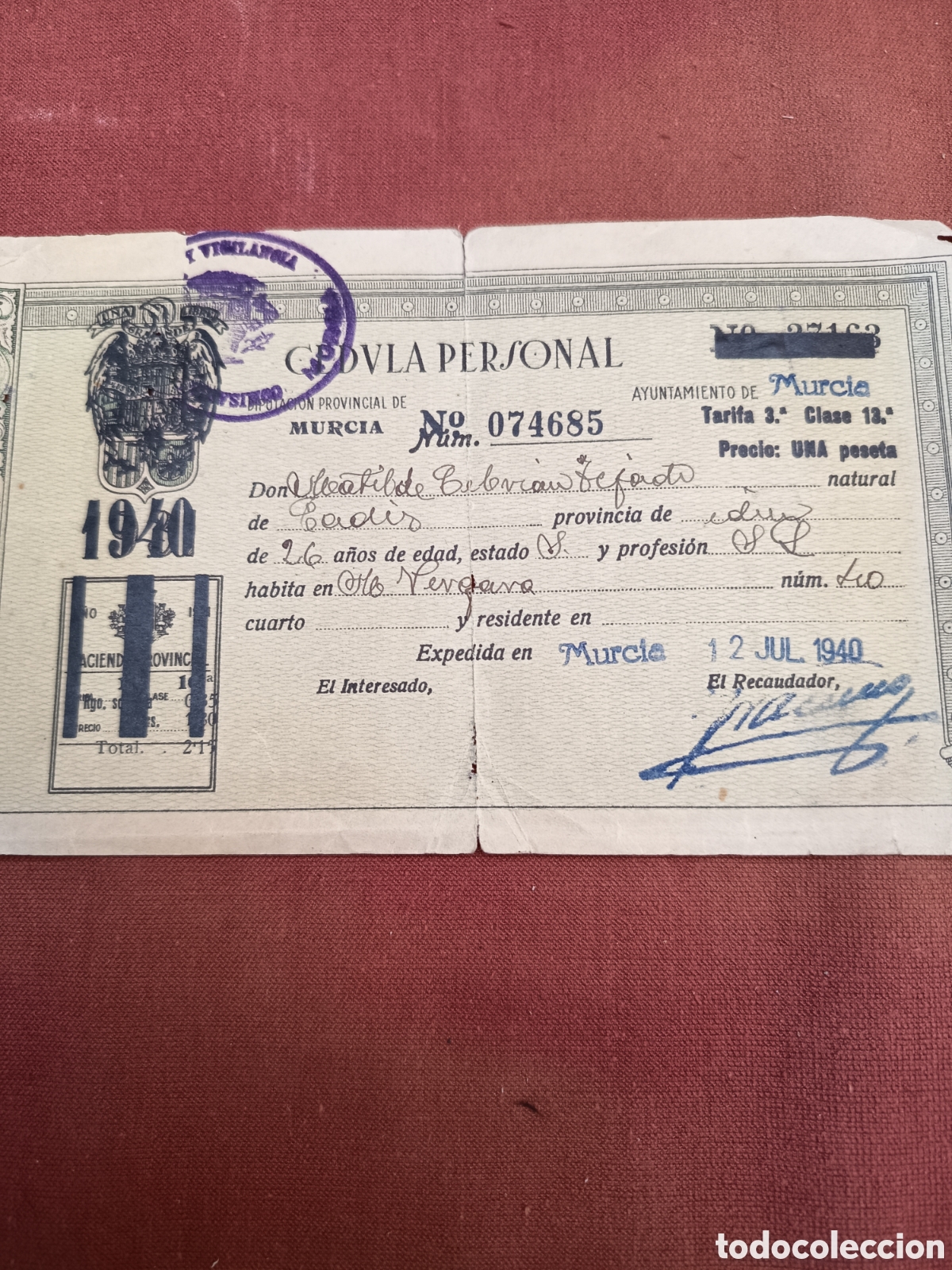 Documentos antiguos: C&eacute;dula personal Ayuntamiento Murcia 1940 - Foto 1