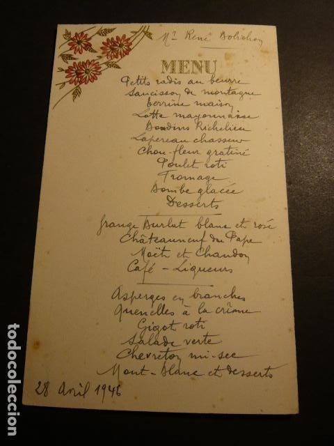 Documentos antiguos: MENU CARTA MINUTA CON FLORES EN RELIEVE - Foto 1