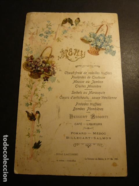 Documentos antiguos: MENU CARTA MINUTA 1905 - Foto 1