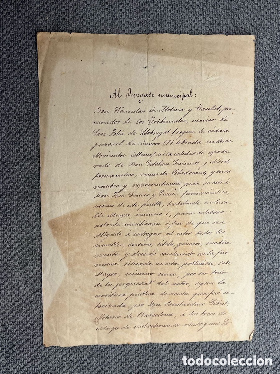 Documentos antiguos: VILADECANS (Barcelona) Curioso relato disputa de dos farmac&eacute;uticos.. (a.1882) acto conciliaci&oacute;n ..