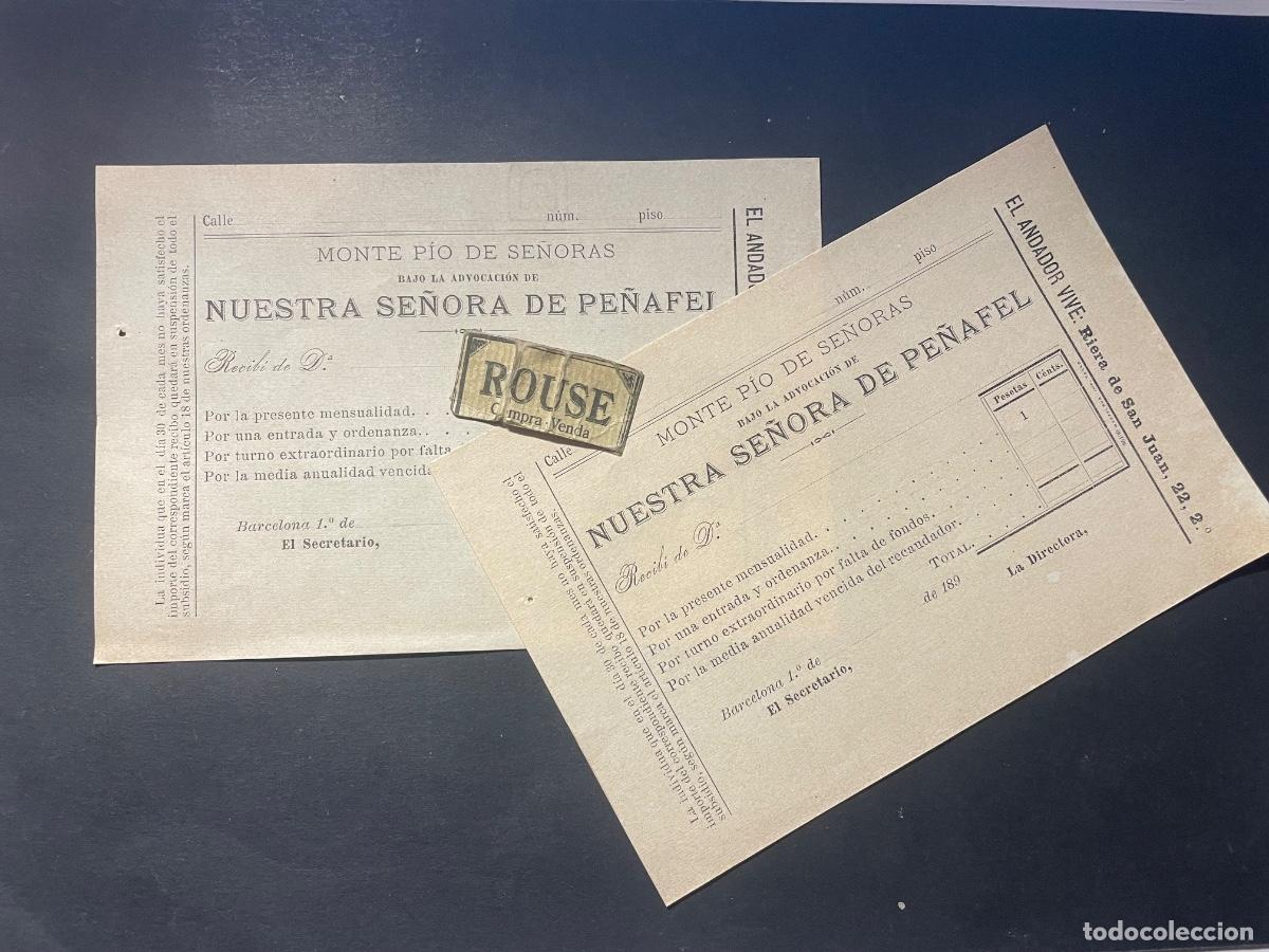 Documents Anciens: ANTIGUO RECIBO - MONTE PIO DE SE&Ntilde;ORAS BAJO LA ADVOCACI&Oacute;N DE NUESTRA SE&Ntilde;ORA DE PE&Ntilde;AFIEL . BARCELONA