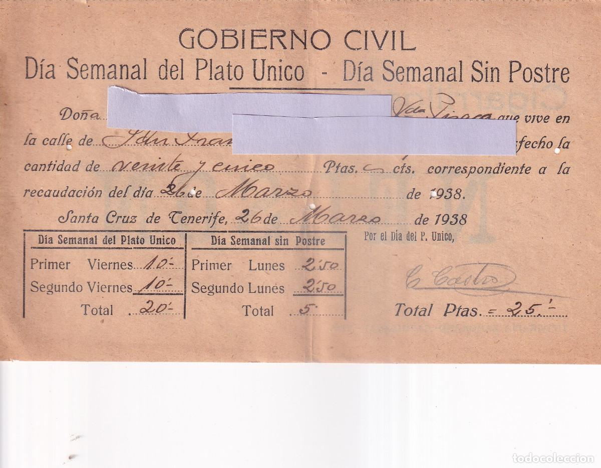 Documentos antiguos: TENERIFE GOBIERNO CIVIL PLATO UNICO DIA SIN POSTRE