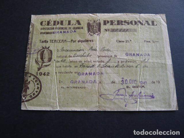 Documentos antiguos: CEDULA PERSONAL DIPUTACION DE GRANADA 1942 - Foto 1