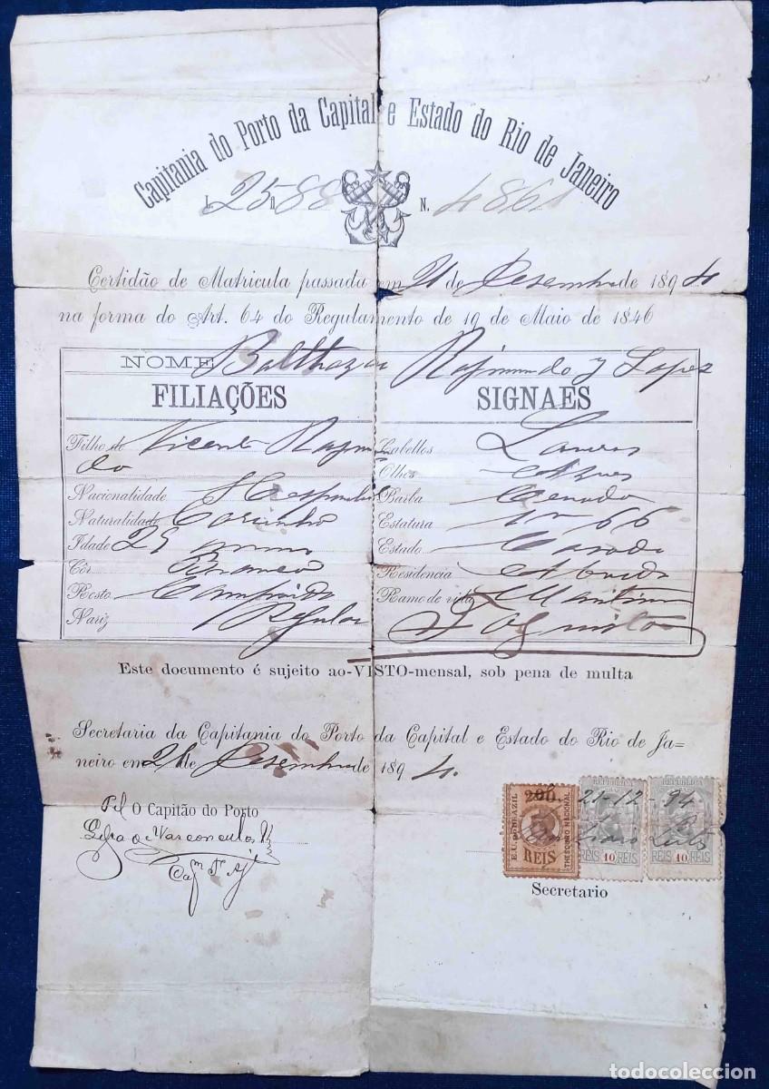 Documentos antiguos: DOCUMENTO CAPITANIA DO PORTO DA CAPITAL E ESTADO DO RIO DE JANEIRO. CERTIFICADO DE MATRICULA, 1894.