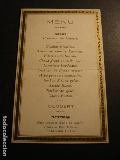 Documentos antiguos: ANTIGUO MENU MINUTA SIGLO XIX - Foto 1