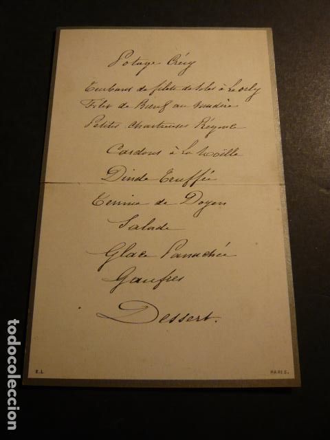 Documentos antiguos: ANTIGUO MENU MINUTA SIGLO XIX - Foto 1