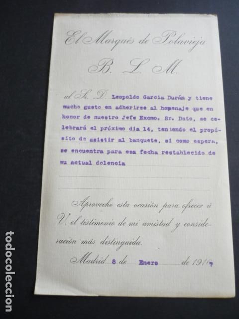 Documentos antiguos: MARQUES DE POLAVIEJA 1916 ADHESION HOMENAJE A DATO - Foto 1
