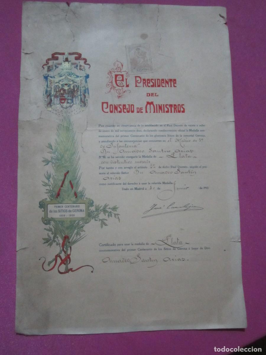 Documentos antiguos: CONCESION DE LA MEDALLA DE PLATA CENTENARIO DE LOS SITIOS DE GERONA, 1910 MA 2 - Foto 1