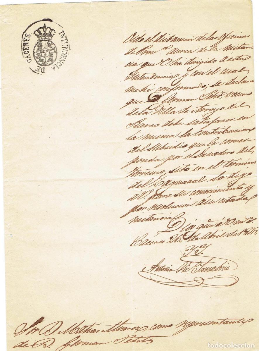 Documentos antiguos: FA7919. DOCUMENTOS. Texto con cu&ntilde;o oficial de la Intendencia de Caceres - Foto 1