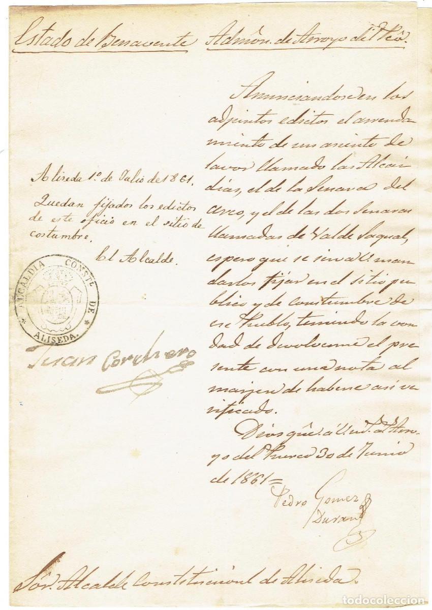 Documentos antiguos: FA7945. DOCUMENTOS. 1861, Cu&ntilde;o oficial de la Alcald&iacute;a Constitucional de Aliseda - Foto 1