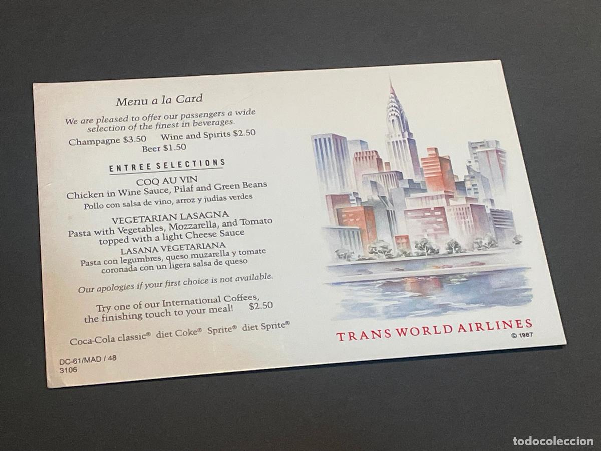 Documentos antiguos: AVIACION - TRANS WORLD AIRLINES - MENU EN FORMATO POSTAL 1987 - Foto 1