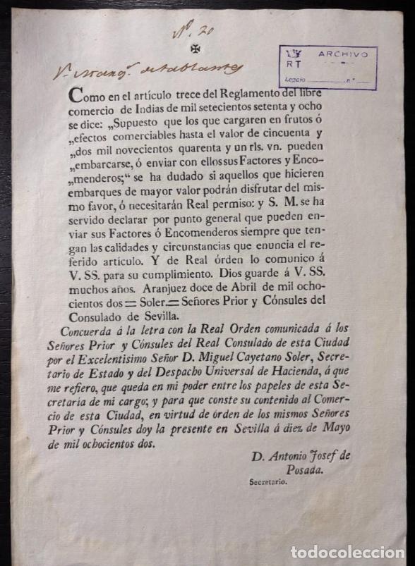 Documentos antiguos: SEVILLA, 1802. CARLOS IV. COMERCIO DE INDIAS. LEER - Foto 1