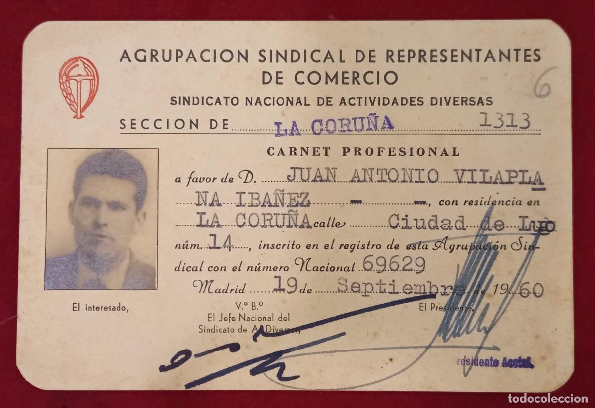 Documentos antiguos: ANTIGUO CARNET , AGRUPACION SINDICAL DE REPRESENTANTES DE COMERCIO - LA CORU&Ntilde;A - Foto 1
