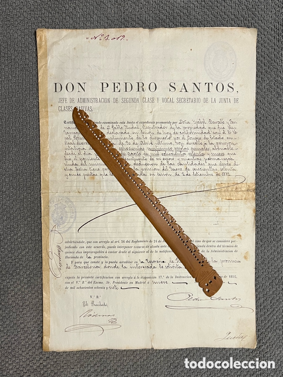 Documentos antiguos: BARCELONA. Documento. Concesi&oacute;n de Pensi&oacute;n de Viudedad (a.1888) - Foto 1