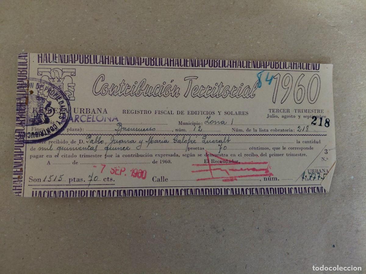Documentos antiguos: DOCUMENTO ANTIGUO - BARCELONA 1960 - CONTRIBUCION TERRITORIAL - Foto 1
