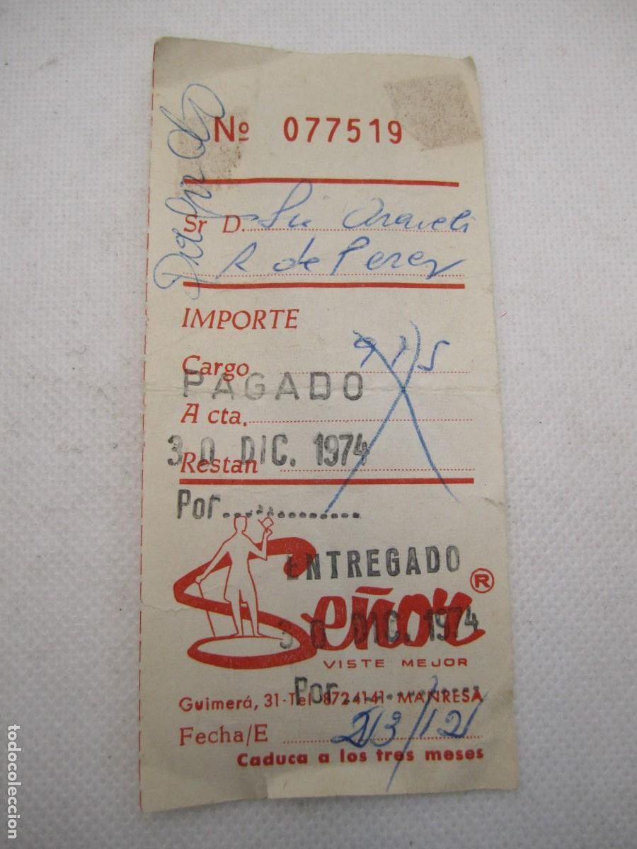 Documentos antiguos: ticket recibo se&ntilde;or manresa 1974 - Foto 1