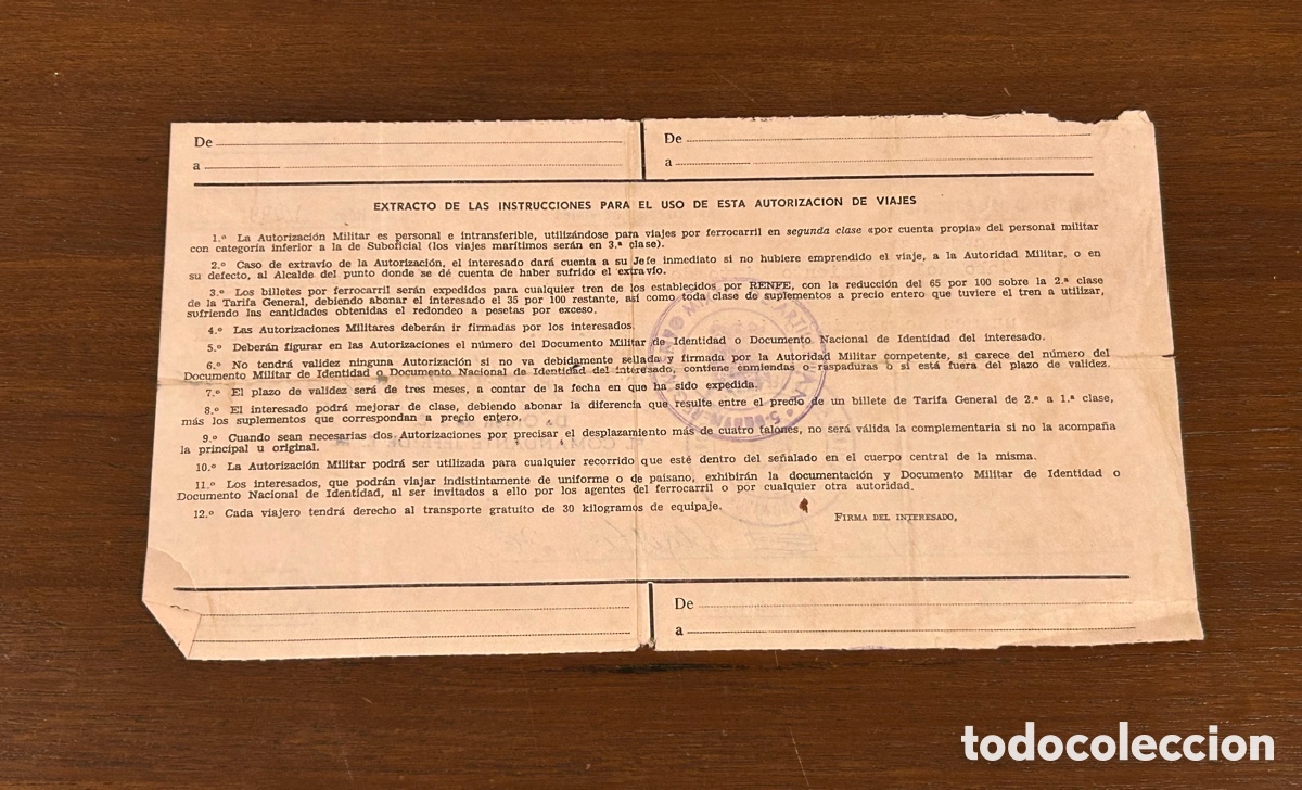 Documentos antiguos: DOCUMENTO MILITAR. PERMISO DE VIAJE - Foto 2